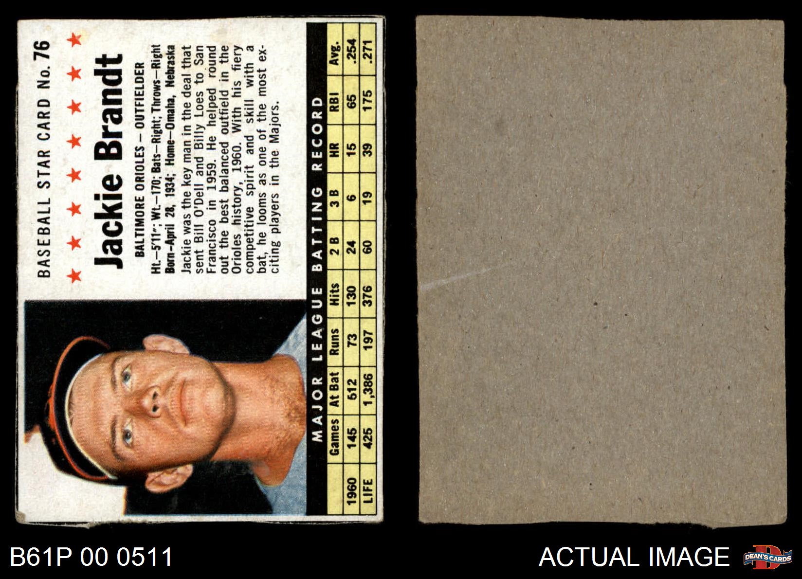 1961 Post #76 Jackie Brandt Hand Cut Orioles VG//EX