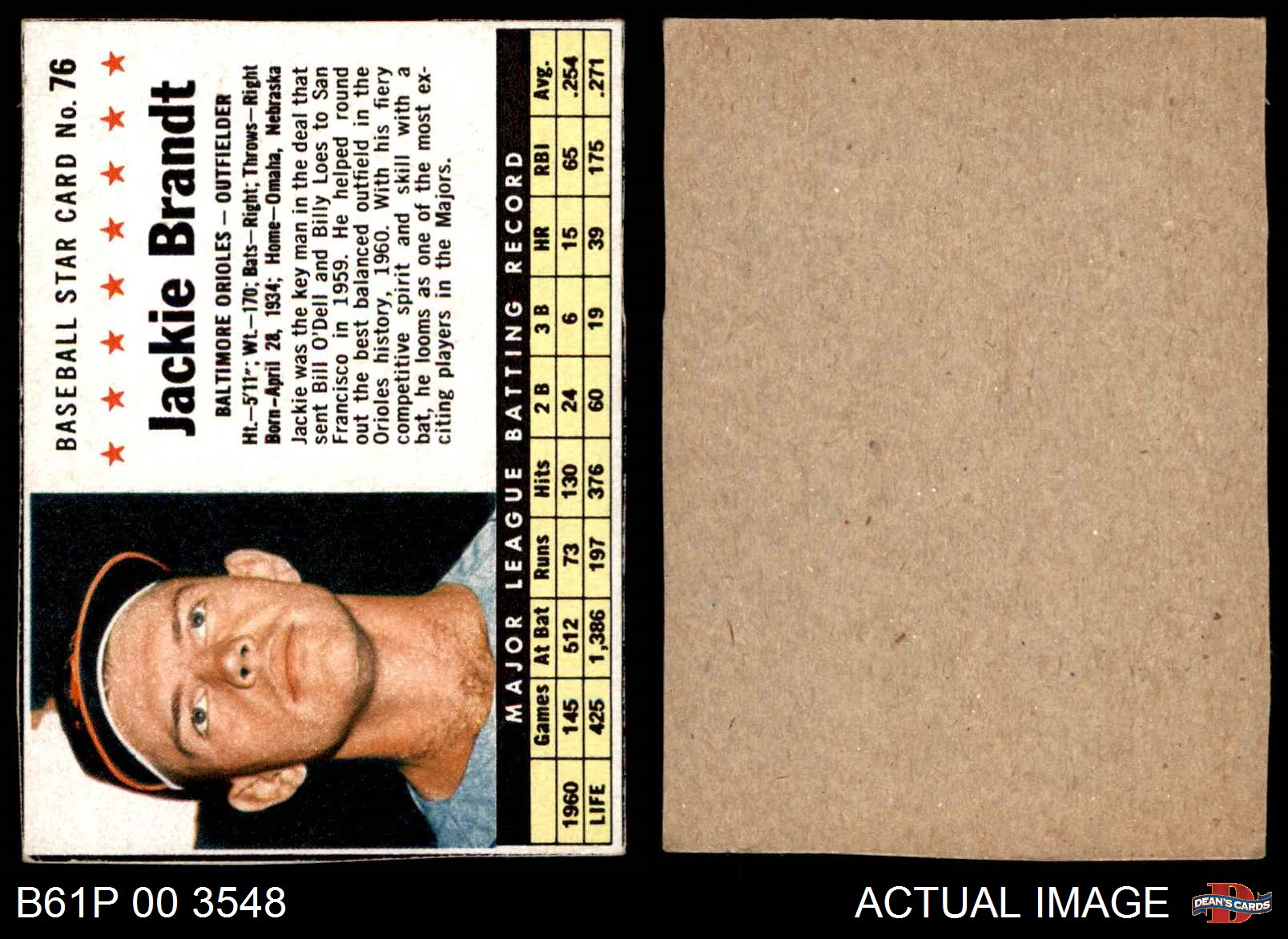 1961 Post #76 Jackie Brandt Hand Cut Orioles VG//EX