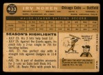 1960 Topps #433 Irv Noren Back Thumbnail