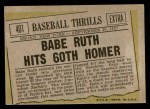 1961 Topps #401 - Babe Ruth Baseball Thrills Back Thumbnail