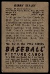 1952 Bowman #50 Gerry Staley Back Thumbnail