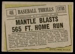 1961 Topps #406 - Mickey Mantle Baseball Thrills Back Thumbnail
