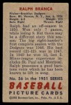 1951 Bowman #56 Ralph Branca Back Thumbnail