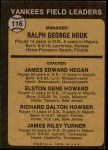 1973 Topps #116 BRN - Ralph Houk / Jim Hegan / Elston Howard / Dick Howser / Jim Turner Yankees Leaders Back Thumbnail