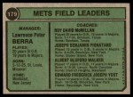 1974 Topps #179 - Yogi Berra / Roy McMillan / Joe Pignatano / Rube Walker / Eddie Yost Mets Leaders Back Thumbnail