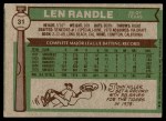1976 Topps #31 Len Randle Back Thumbnail