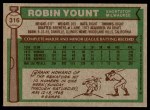 1976 Topps #316 Robin Yount Back Thumbnail