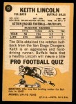 1967 Topps #15 Keith Lincoln Back Thumbnail