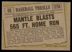 1961 Topps #406 - Mickey Mantle Baseball Thrills Back Thumbnail
