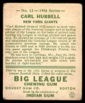 1934 Goudey #12 Carl Hubbell Back Thumbnail