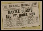 1961 Topps #406 - Mickey Mantle Baseball Thrills Back Thumbnail