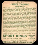 1933 Goudey Sport Kings #6 Jim Thorpe Back Thumbnail