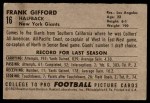 1952 Bowman Large #16 Frank Gifford Back Thumbnail