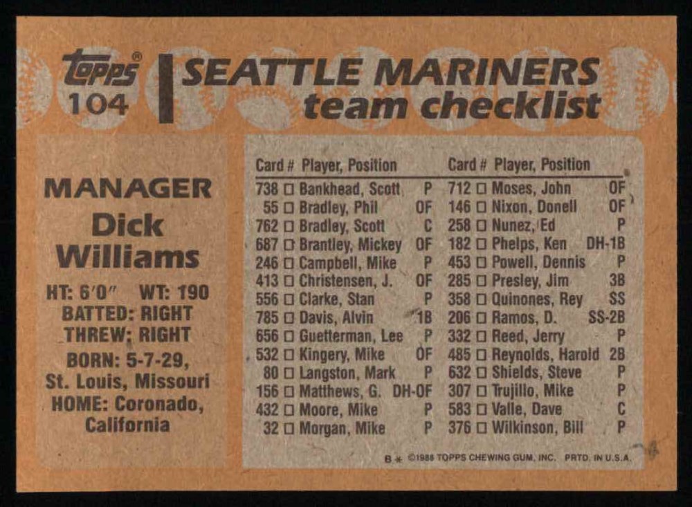 1988 Topps #785 Alvin Davis Seattle Mariners