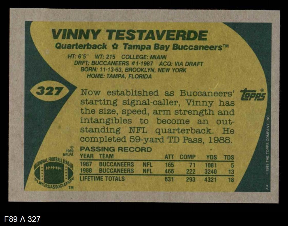 : 1989 Topps Football #327 Vinny Testaverde Tampa Bay