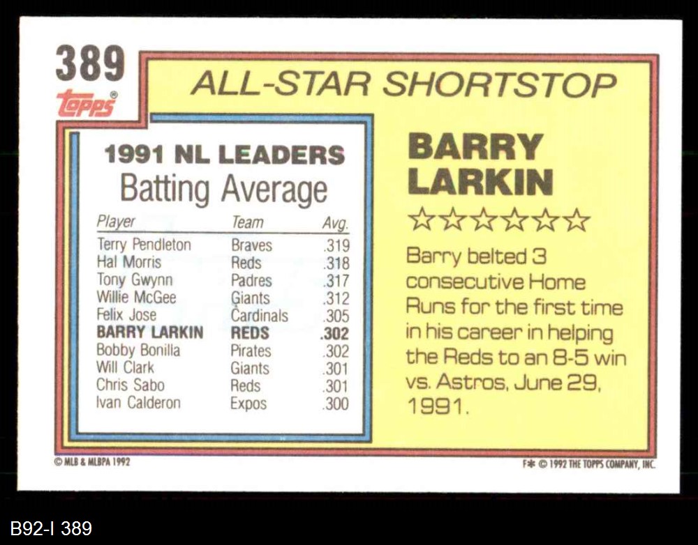 1992 Topps #389 All-Star Barry Larkin