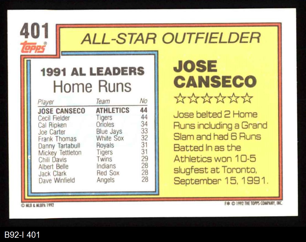 1992 Topps #401 - Jose Canseco All-Star 8 - NM/MT
