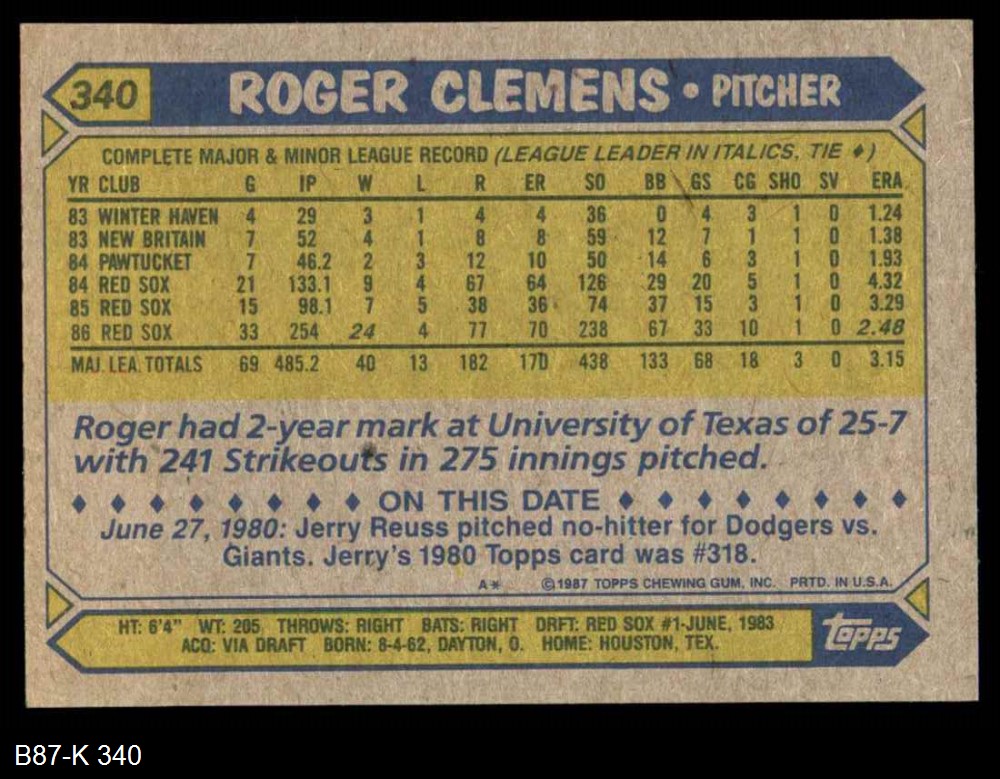 1988 topps roger clemens