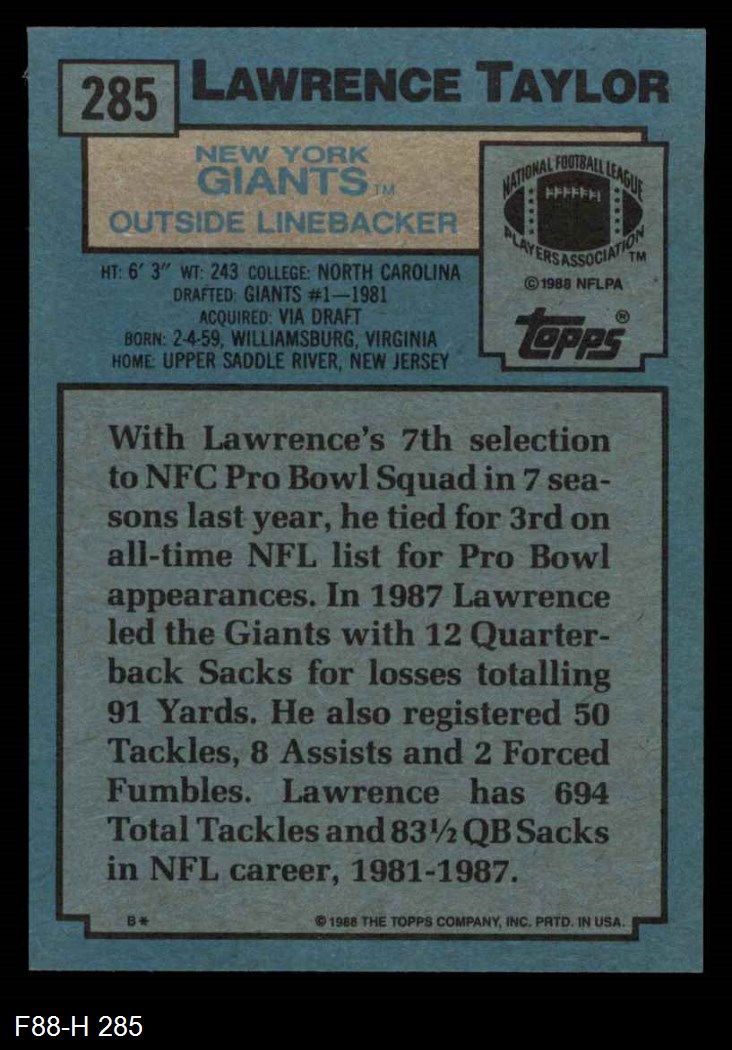 1988 Topps #285 Lawrence Taylor NY Giants NFL Football