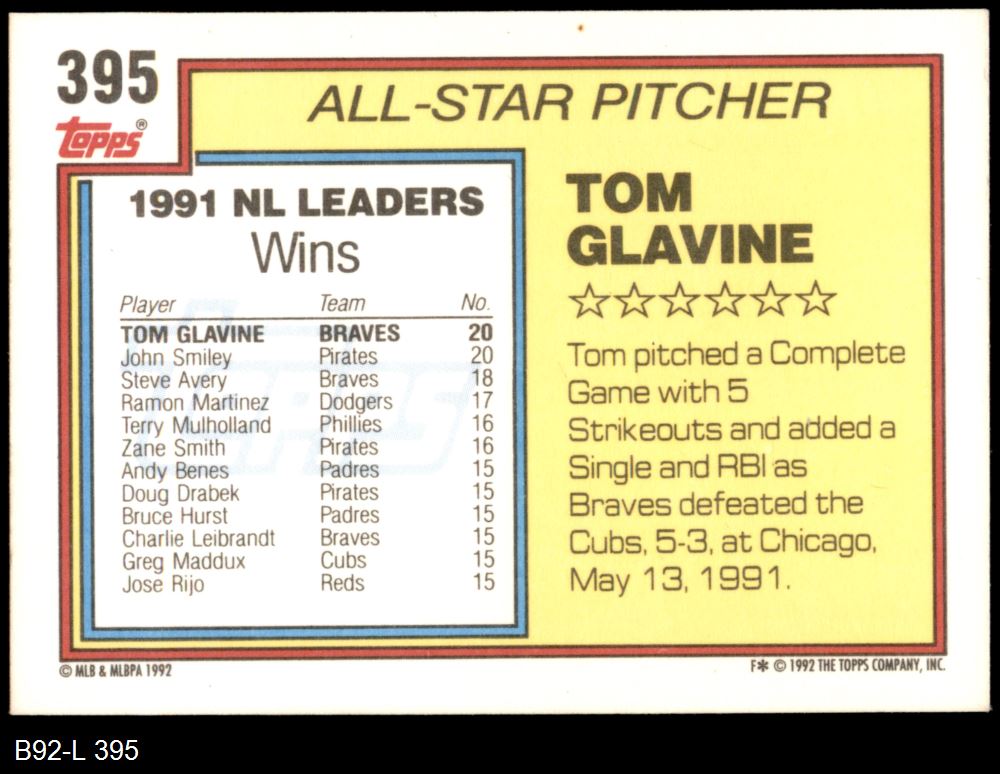 1992 Topps #395 All-Star Tom Glavine