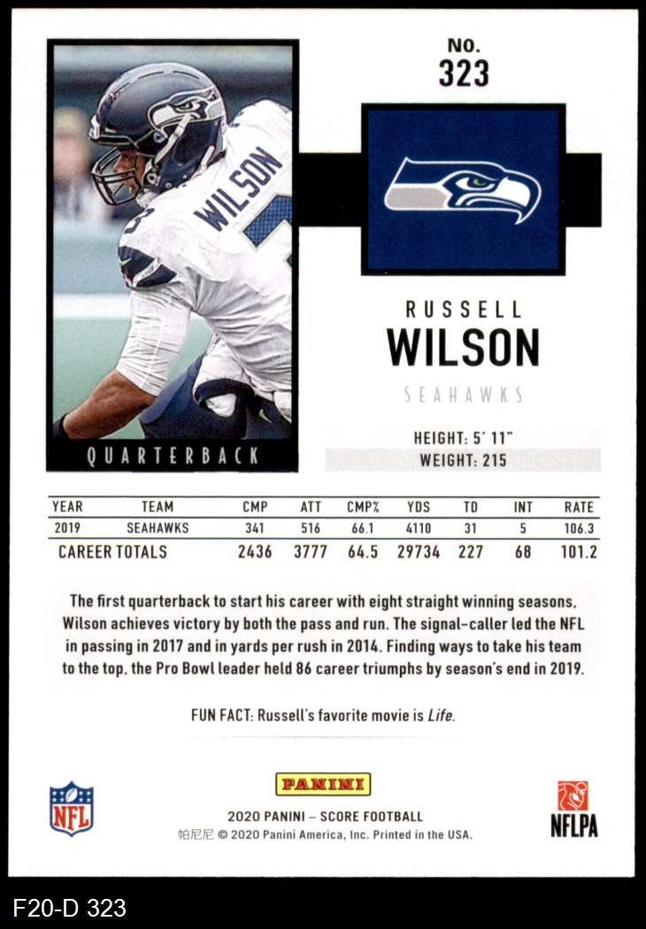 2020 Panini Score Football Will Dissly Seattle Seahawks #322