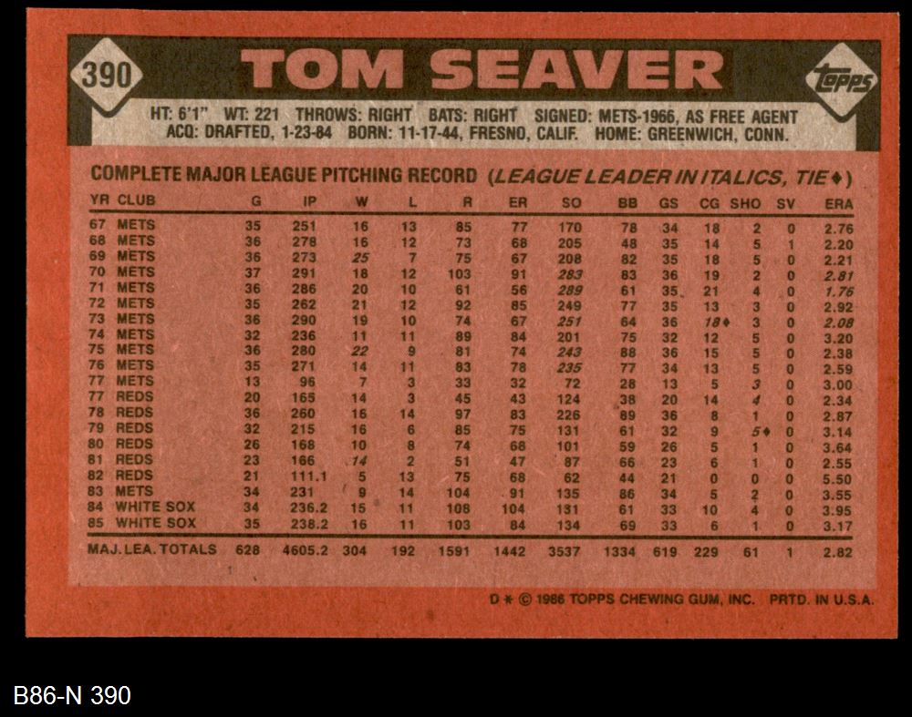 Tom Seaver Signed 1986 Topps #390 Baseball Card White Sox