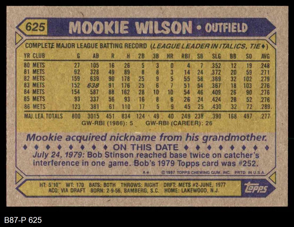 1987 Topps #625 Mookie Wilson