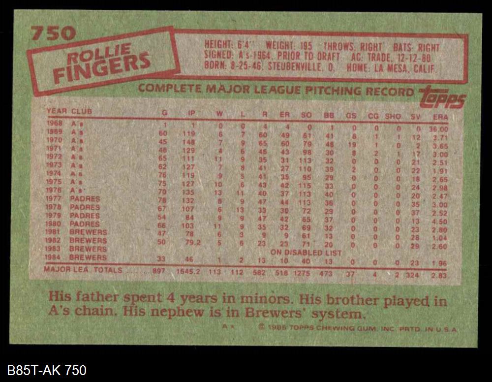 Rollie Fingers 1985 Topps #750 Baseball Card