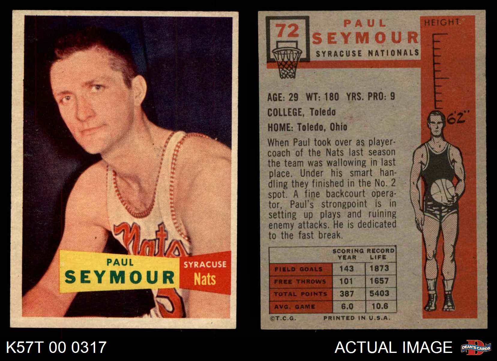 thumbnail 2  - 1957 Topps #72 Paul Seymour Nationals-BSKB Toledo 6 - EX/MT