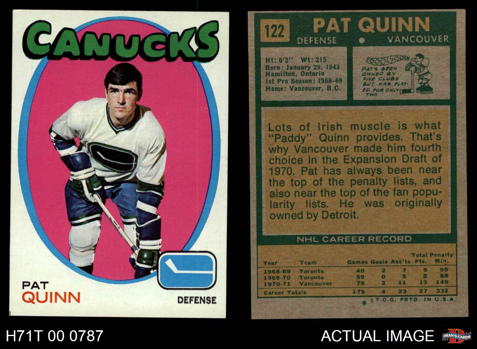 1971 Topps #122 Pat Quinn Canucks 8 - NM/MT | eBay