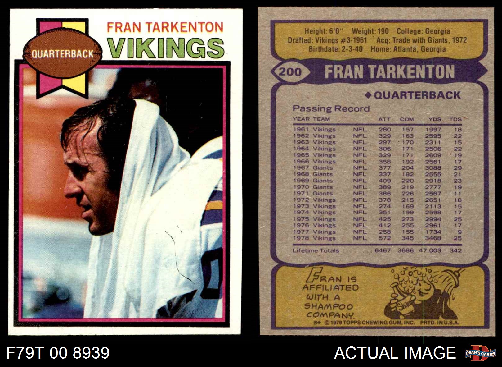 1979 Topps #200 Fran Tarkenton Vikings Georgia 7 - NM | eBay
