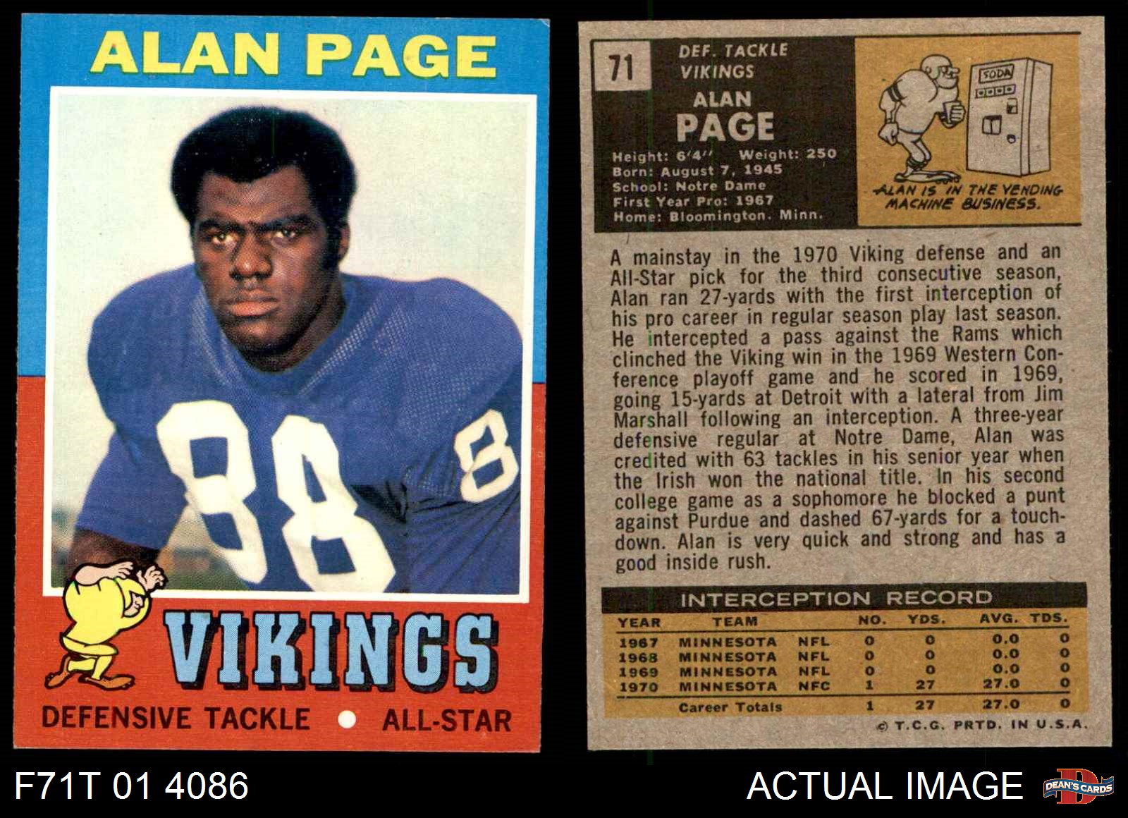 Details About 1971 Topps 71 Alan Page Vikings Notre Dame 6 Ex Mt