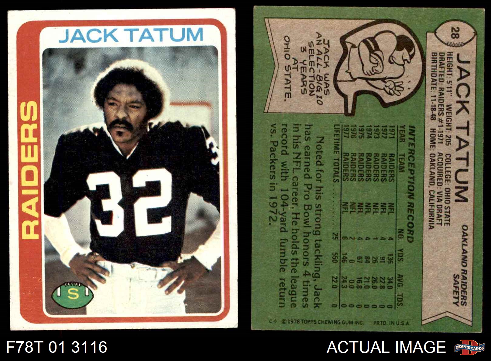 1978 Topps 28 Jack Tatum Raiders Ex Mt