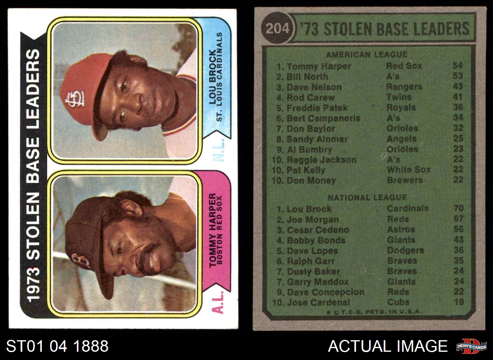 1974 Topps #204 1973 Stolen Base Leaders Tommy Harper Lou Brock Boston Red Sox 