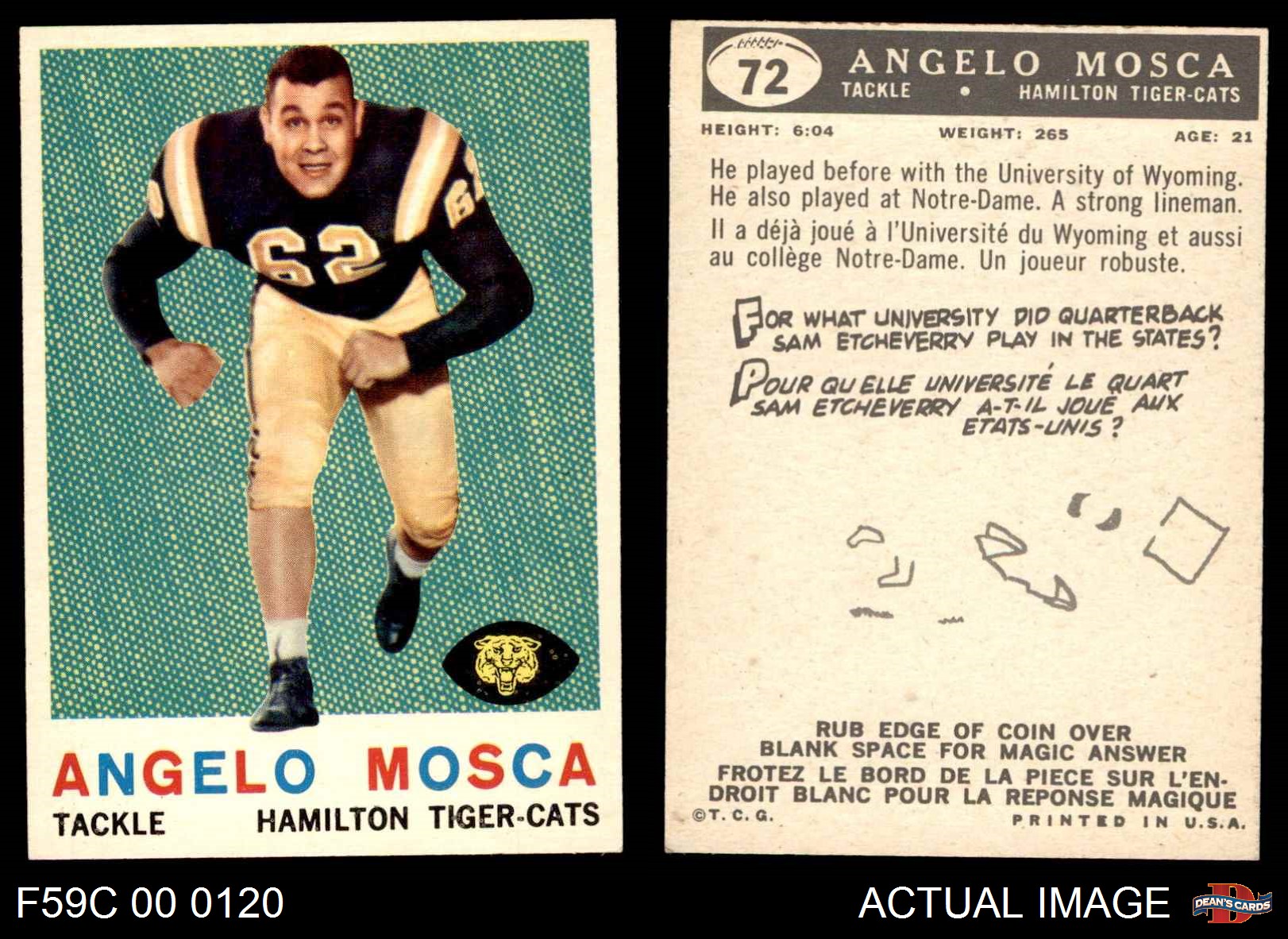 D 1959 Topps CFL Angelo Mosca  RC Signed Card CATS 