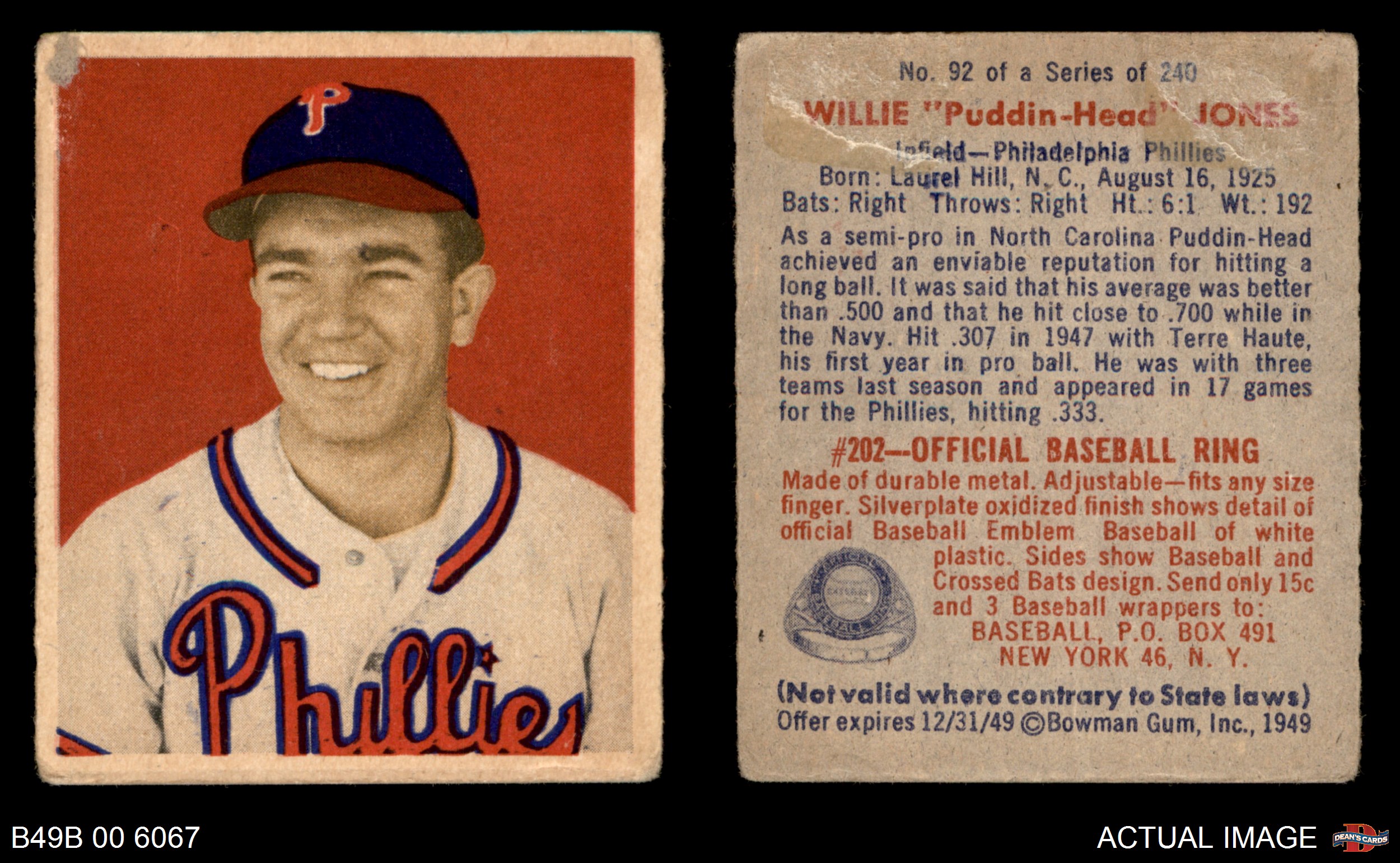 1949 Bowman Reprint #92 Willie Puddin-Head Jones Card Philadelphia Phillies 