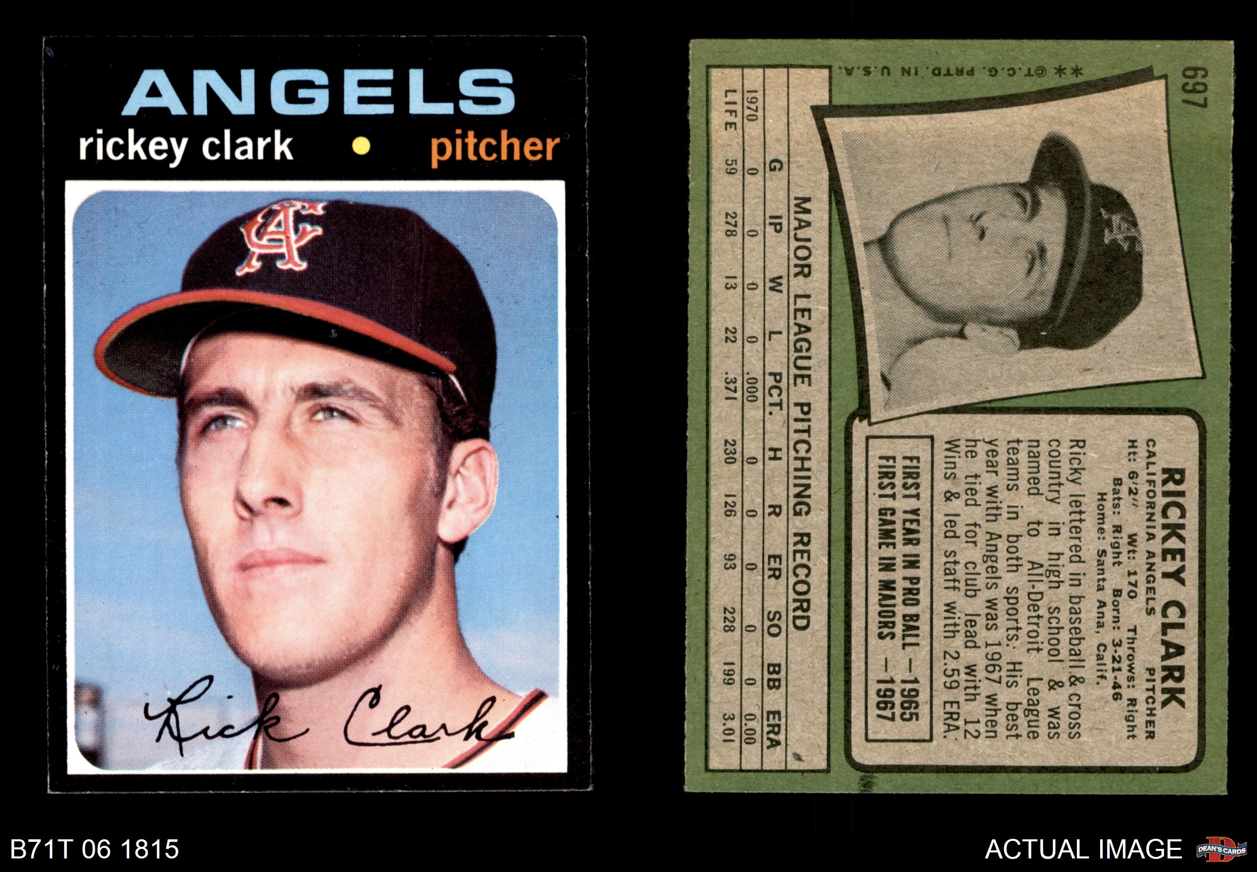 High number card Short Printed w sharp corners card PSA 6-1971 Topps Baseball card #697 Rickey Clark Pitcher for the Angels