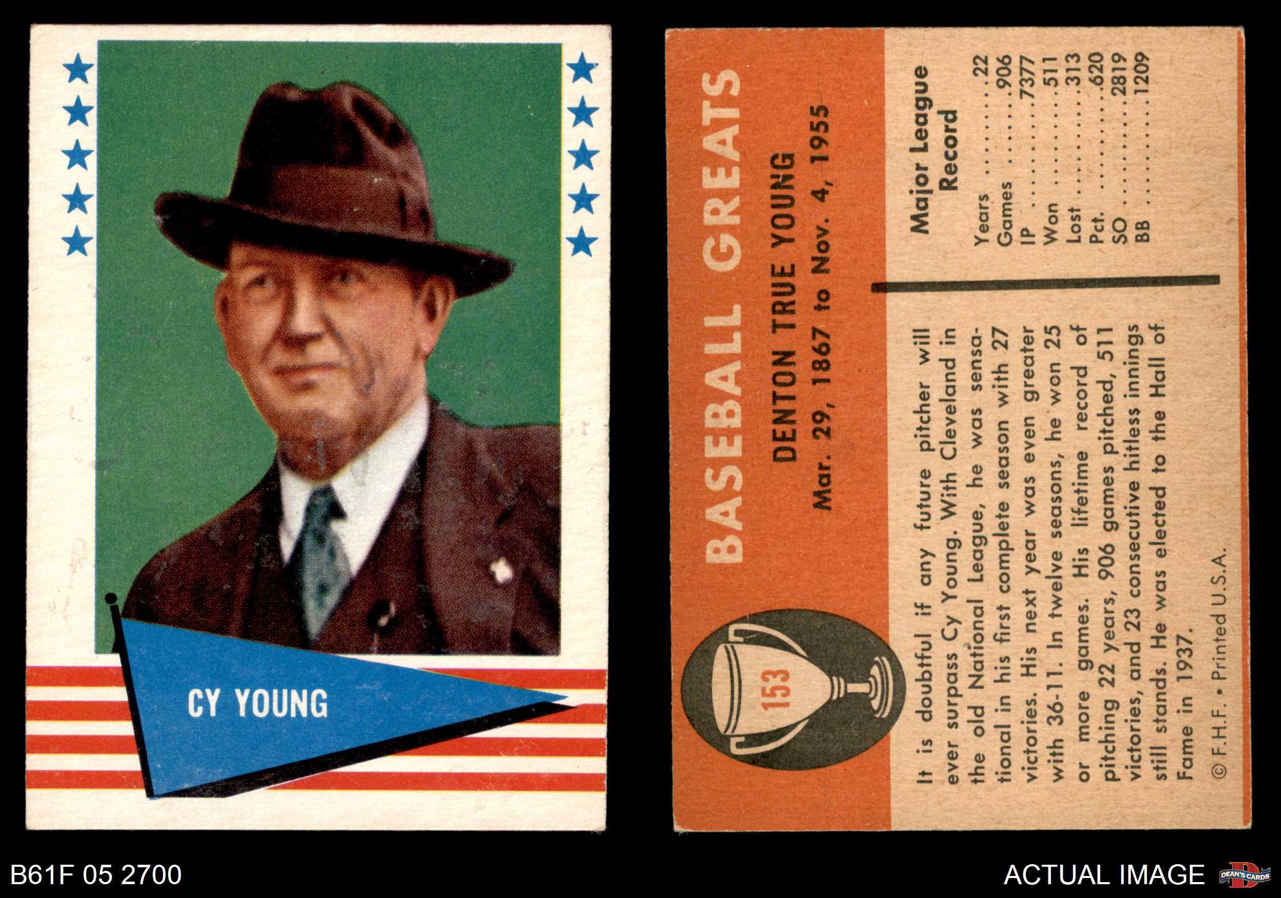 1961 Fleer #153 Cy Young Red Sox Indians VG