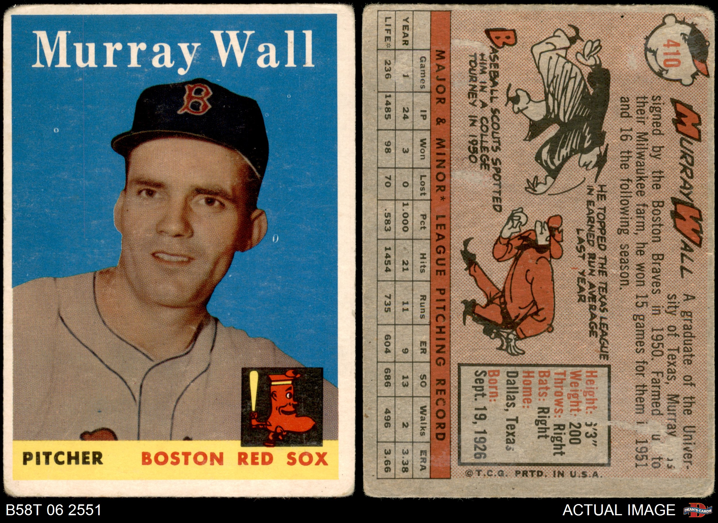 Card# 410 Murray Wall of the Boston Red Sox Ex Condition 1958 Topps Regular Baseball