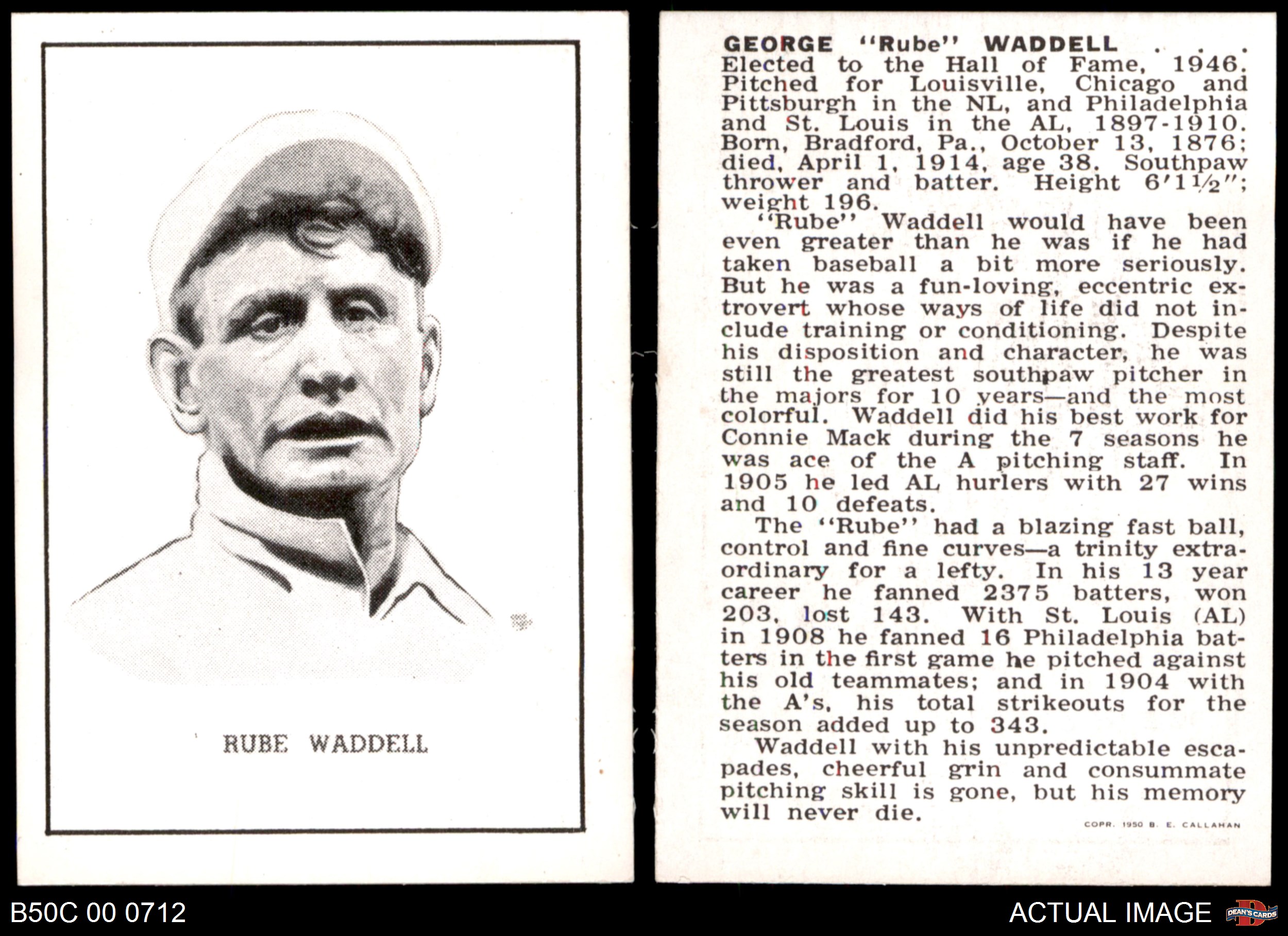 1950 Callahan Hall of Fame Rube Waddell Athletics 7 - NM | eBay