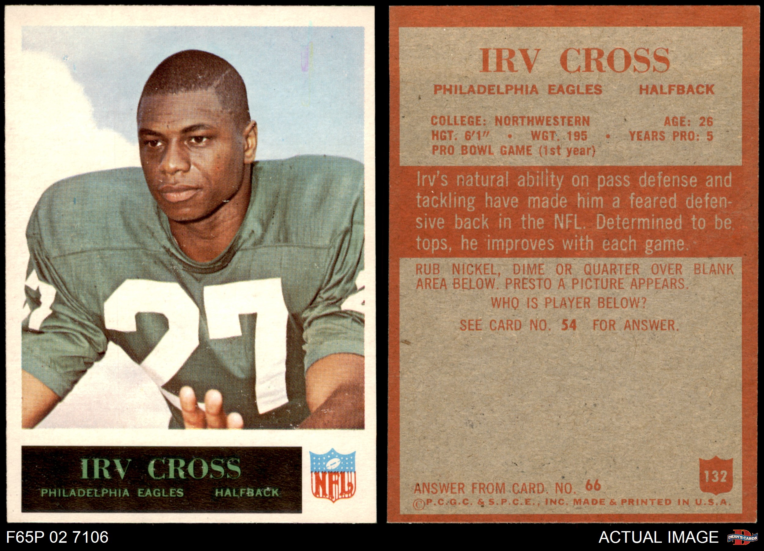 1965 Philadelphia #132 Irv Cross Eagles Northwestern 7 - NM | eBay