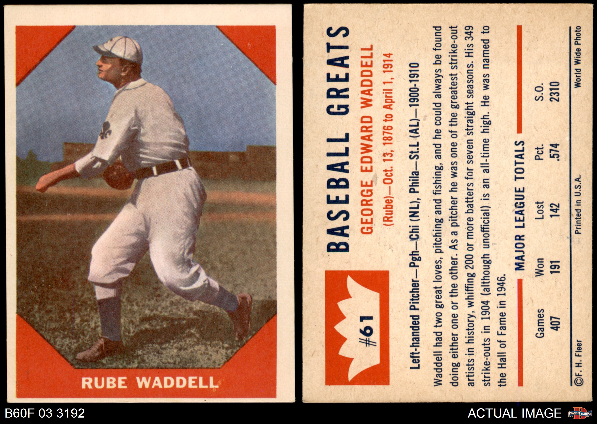1960 Fleer #61 Rube Waddell Athletics 5 - EX | eBay
