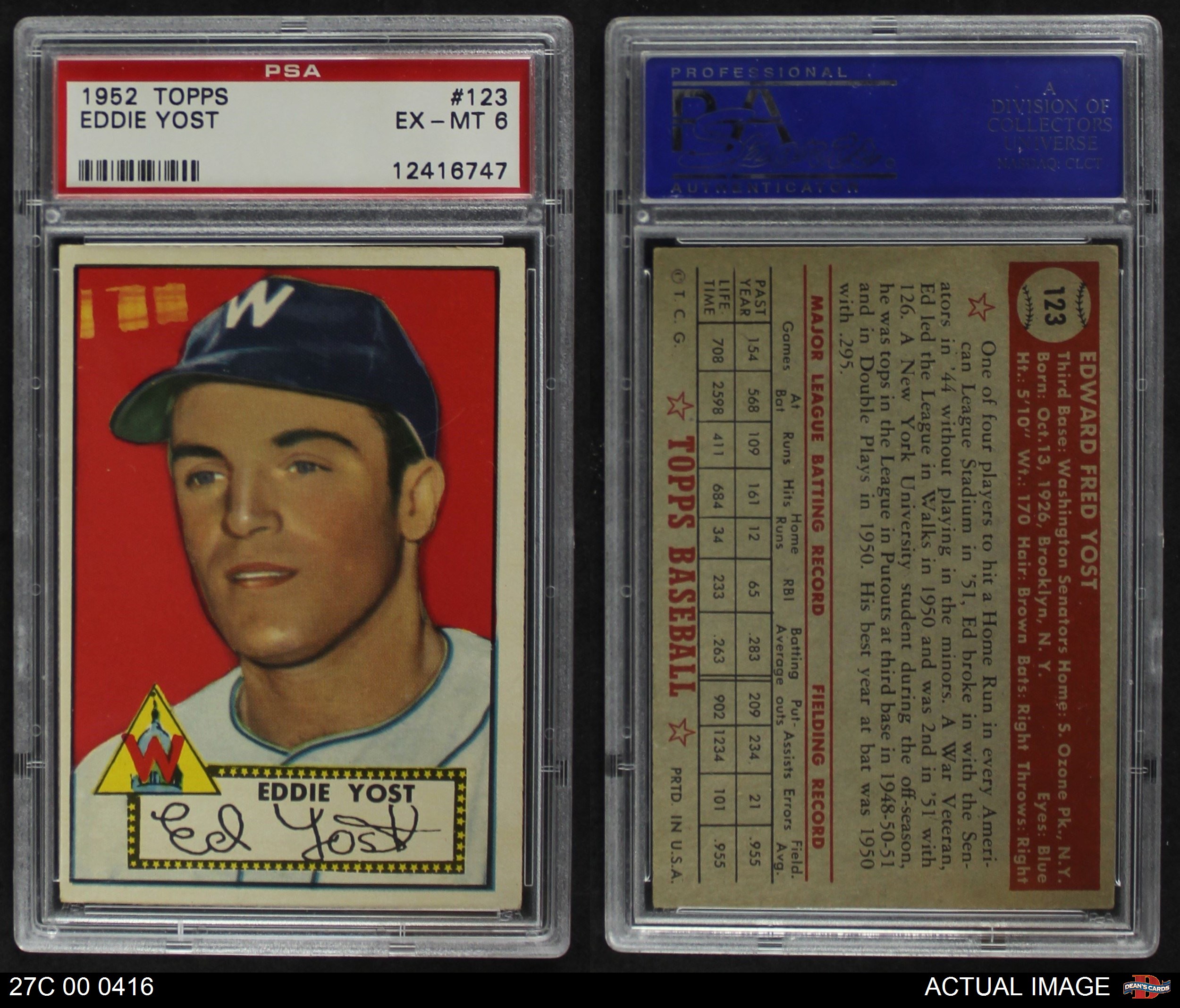 Deans Cards 3 VG Senators 1952 Topps # 123 Eddie Yost Washington Senators Baseball Card