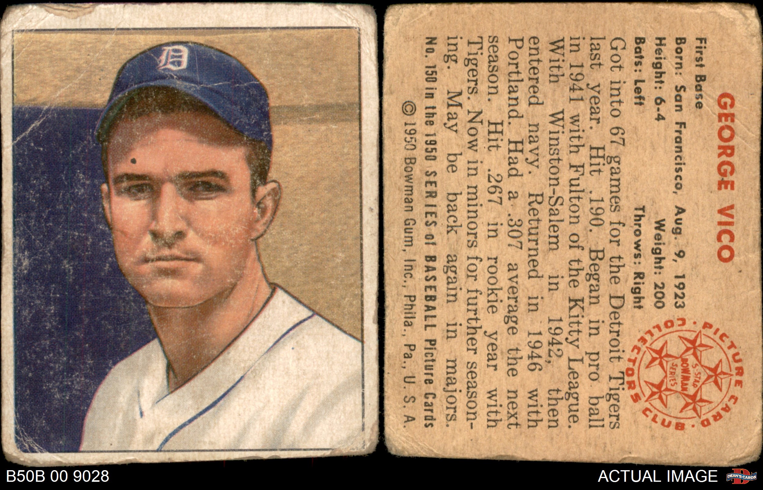 1950 Bowman #150 George Vico Detroit Tigers Baseball Card 