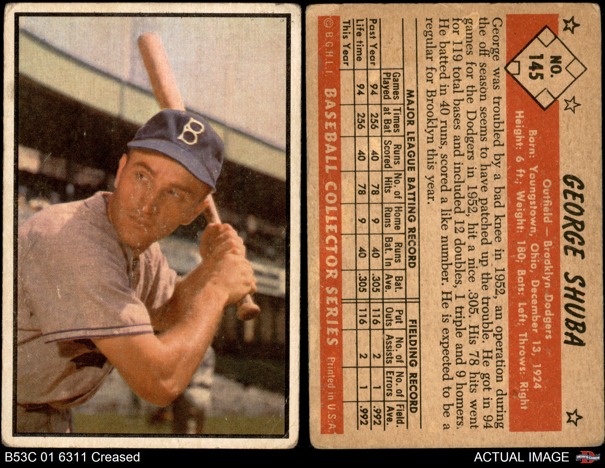 GOOD Dodgers Dean's Cards 2 1953 Topps # 34 George Shuba Brooklyn Dodgers Baseball Card