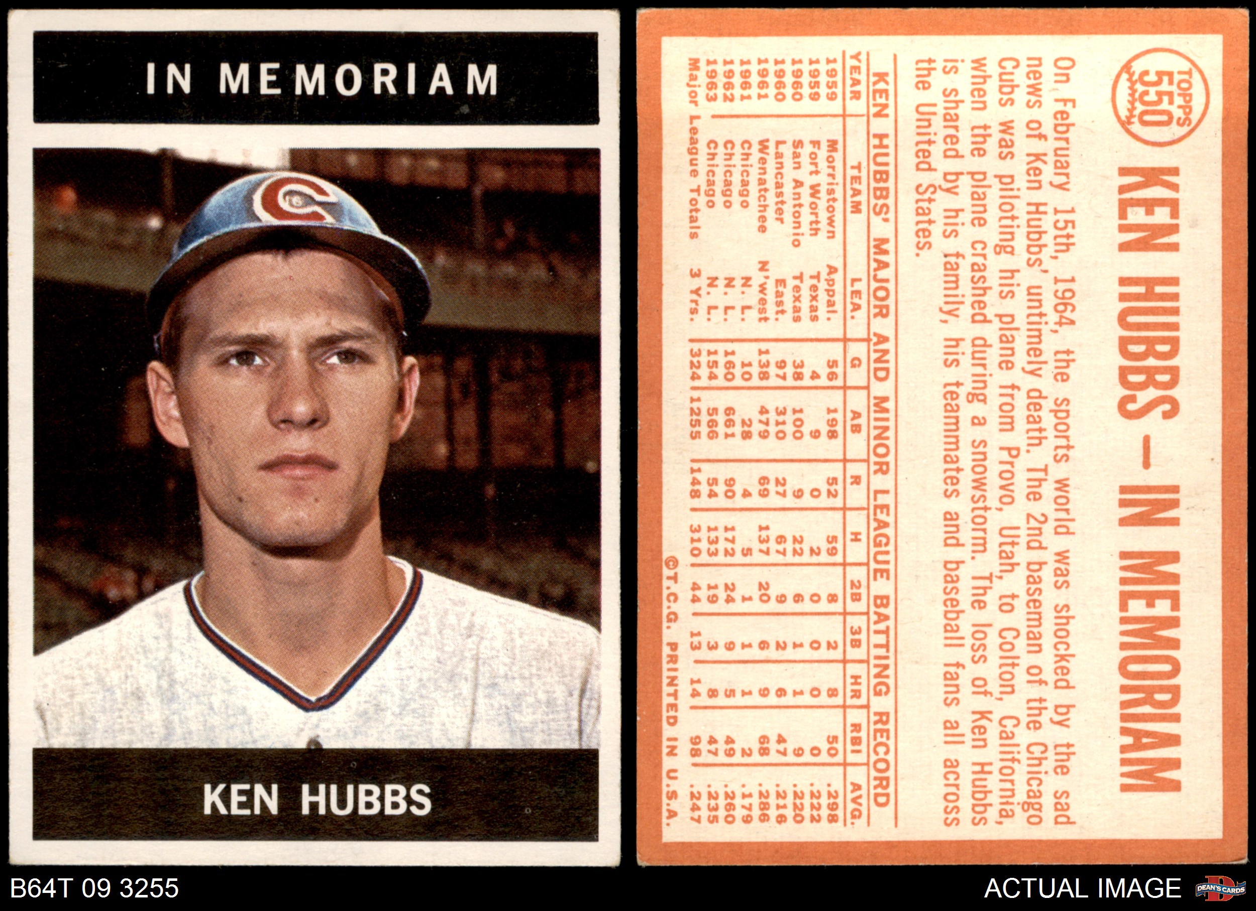VG/EX Cubs 1963 Topps # 15 Ken Hubbs Chicago Cubs Deans Cards 4 Baseball Card
