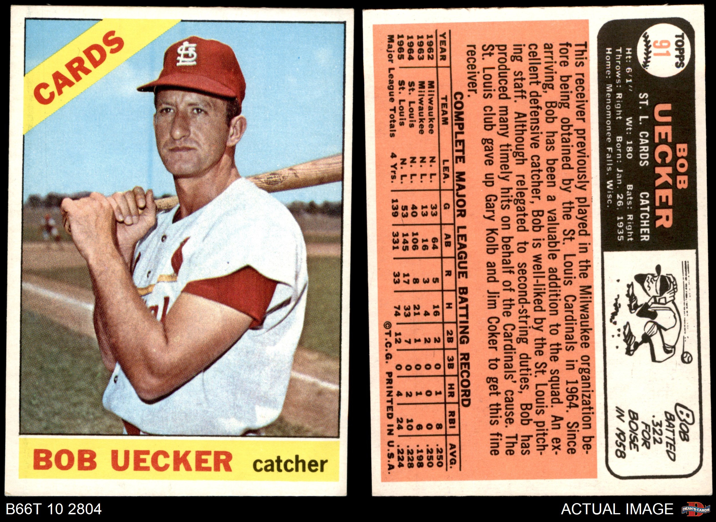 1966 Topps #91 Bob Uecker No Trade Statement Cardinals 5 - EX | eBay