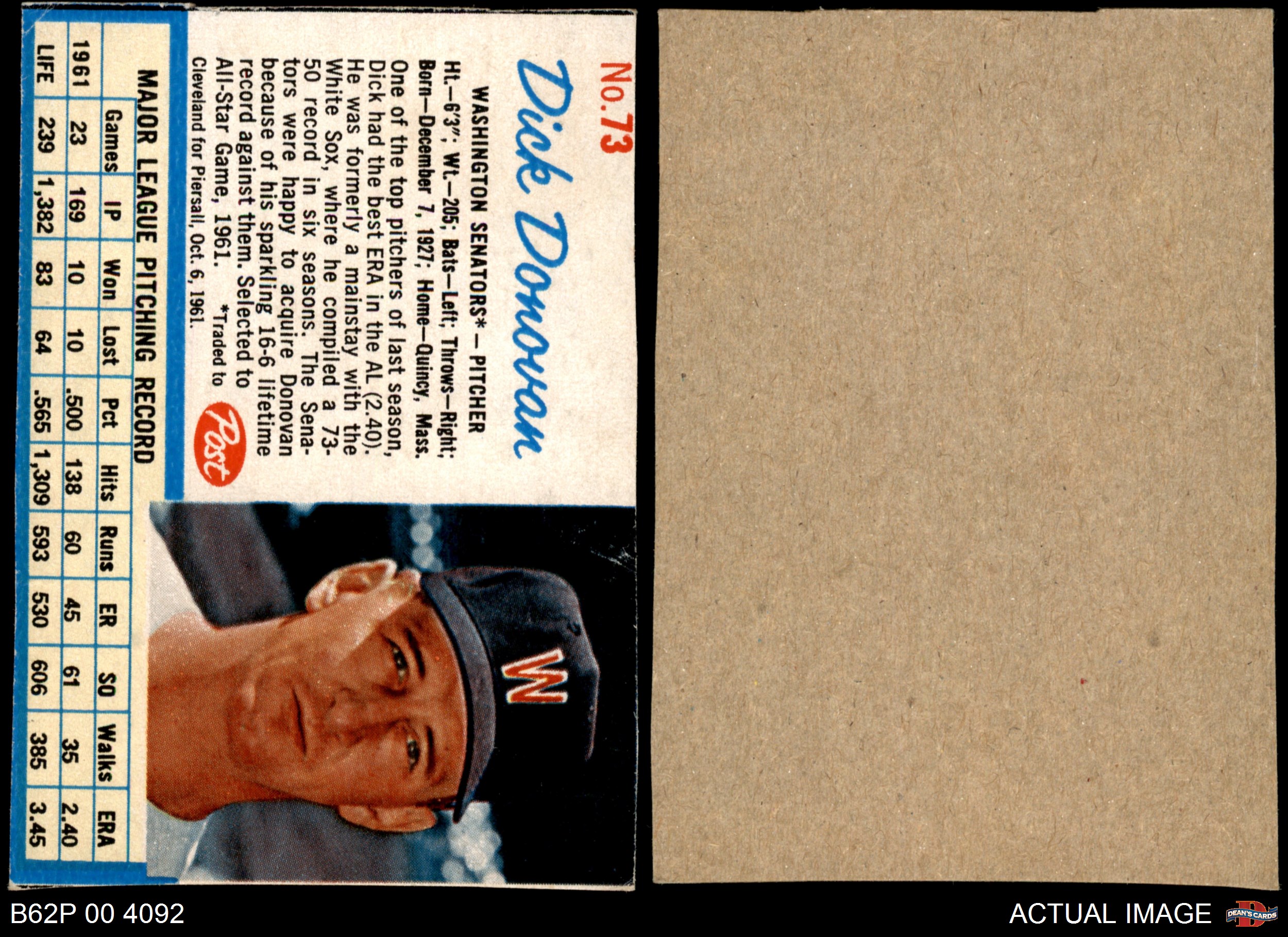 1962 Post Cereal #73 Dick Donovan Senators 3 - VG | eBay