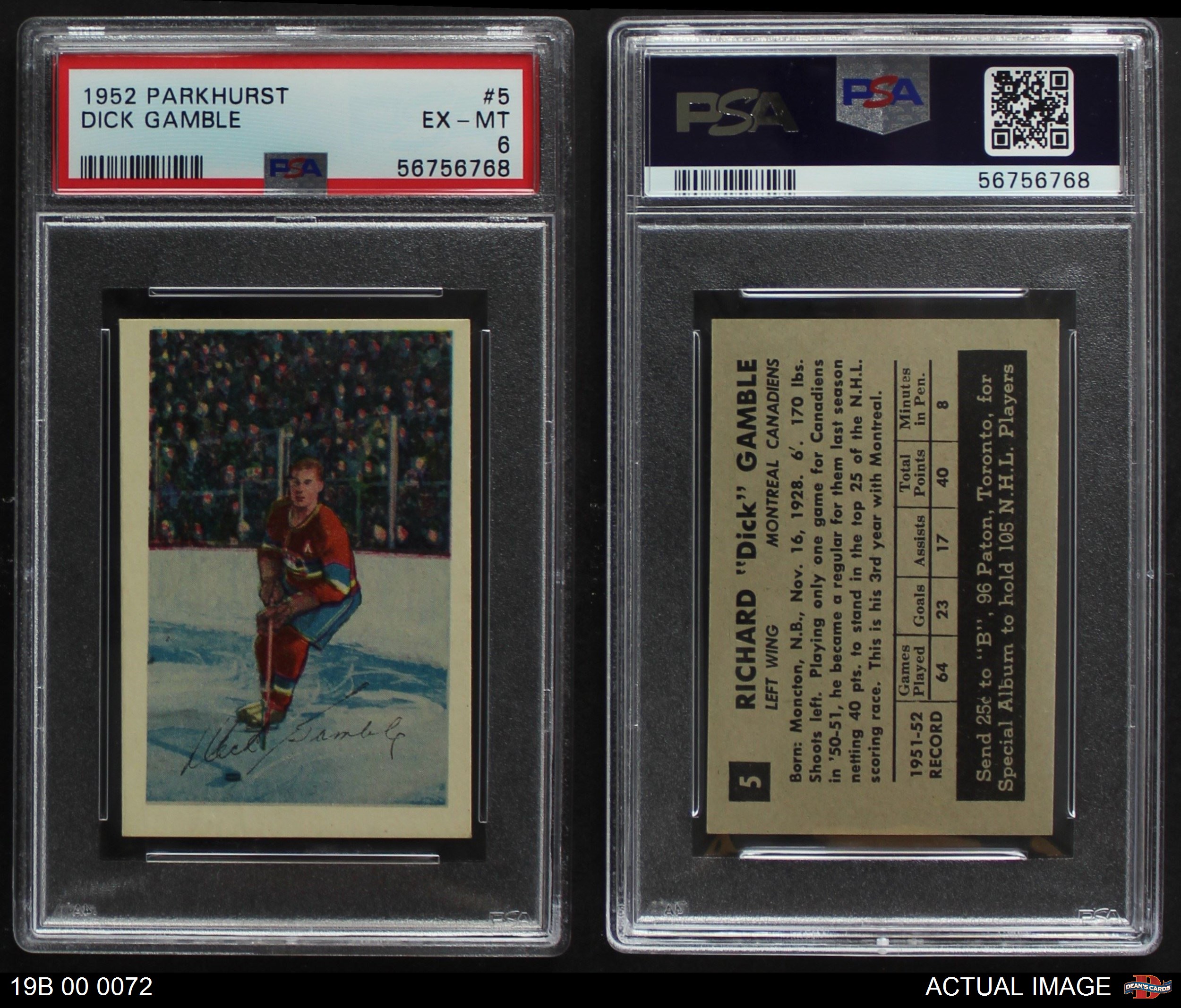 1952 Parkhurst 5 Dick Gamble Canadiens Psa 6 Ex Mt Ebay