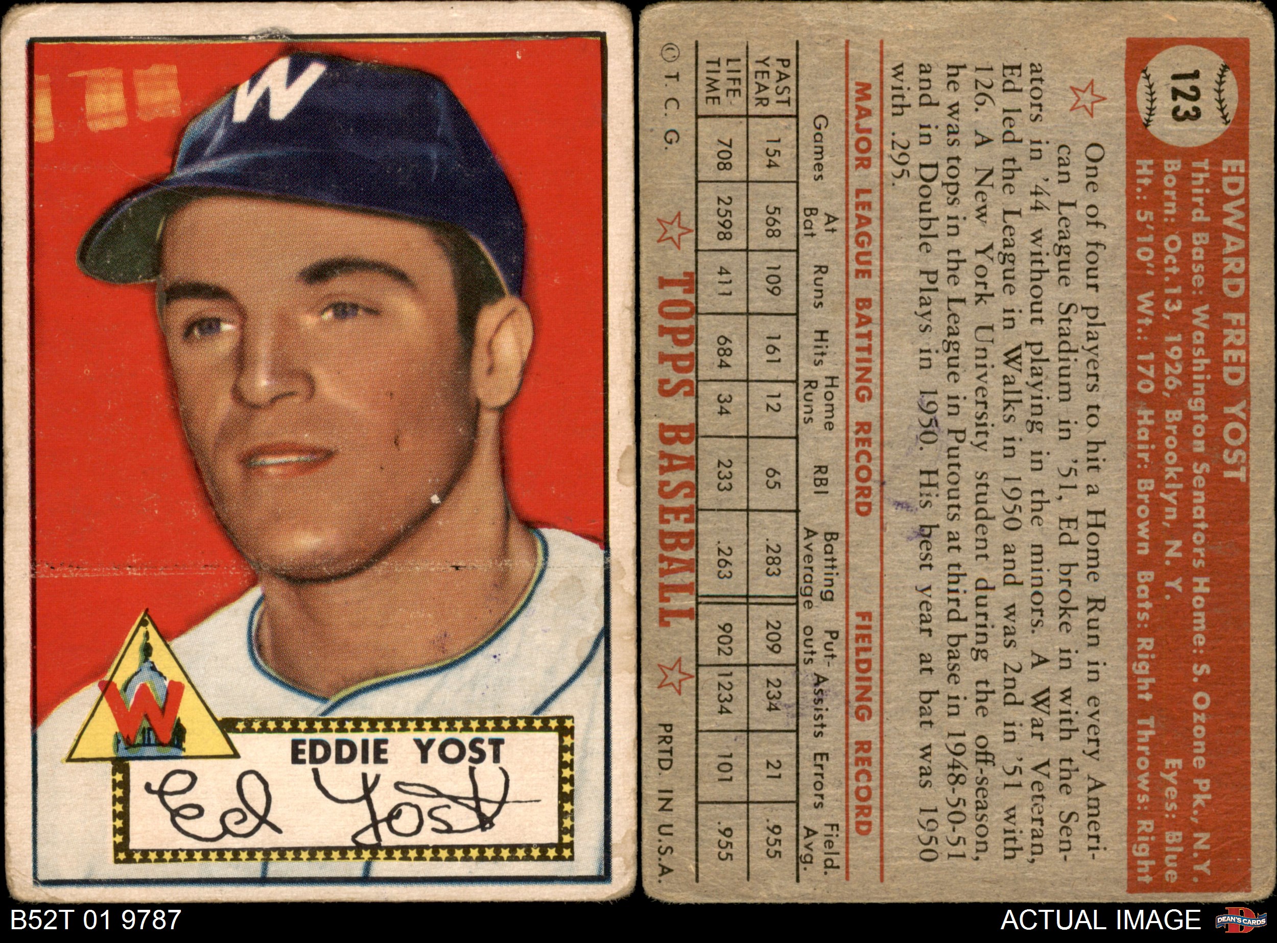 Deans Cards 3 VG Senators 1952 Topps # 123 Eddie Yost Washington Senators Baseball Card